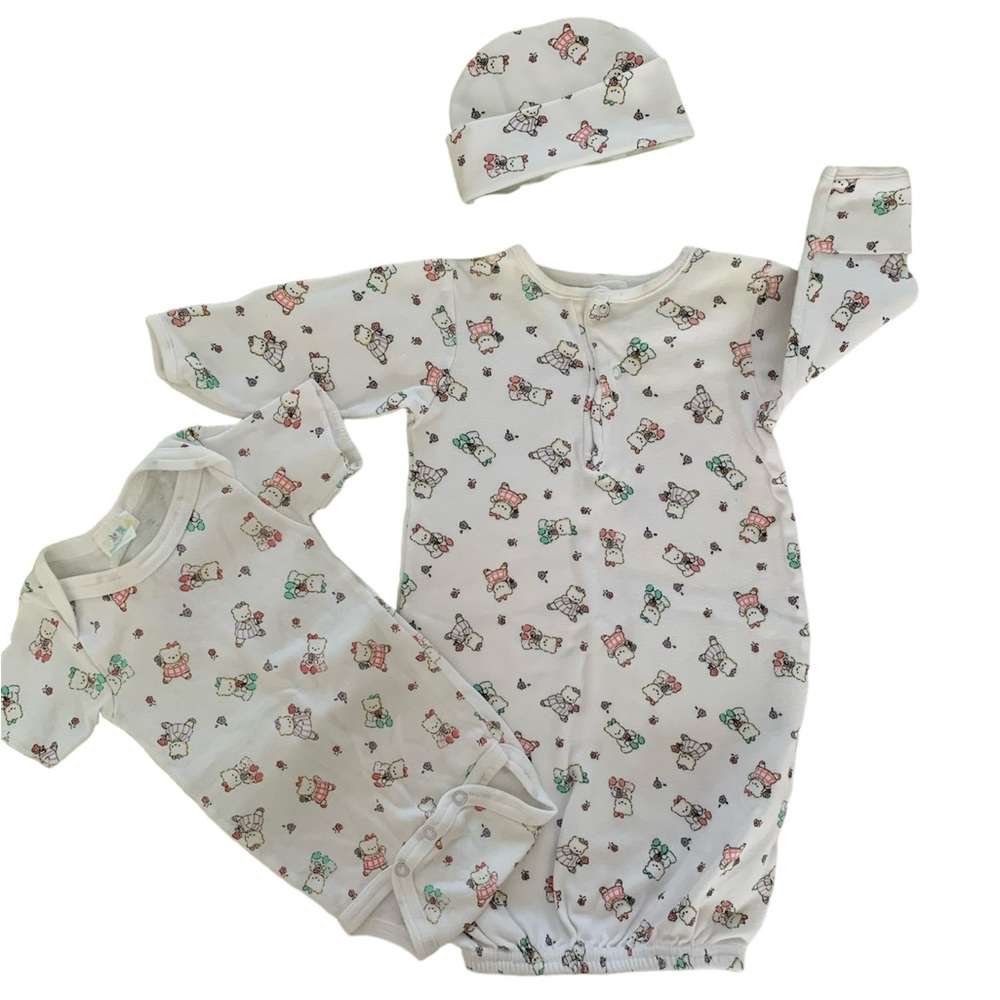 VTG Miniwear Sleeping Gown Sack 1 Piece Hat  Bears 3 PC Set Pajama White Newborn